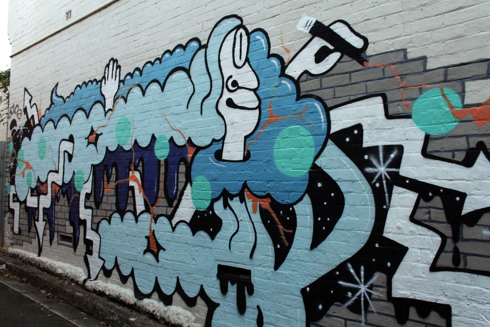 Blue Bubble Boogie Man Doing the Magic Pen Dance by Remy Roberts | Street Art NSW