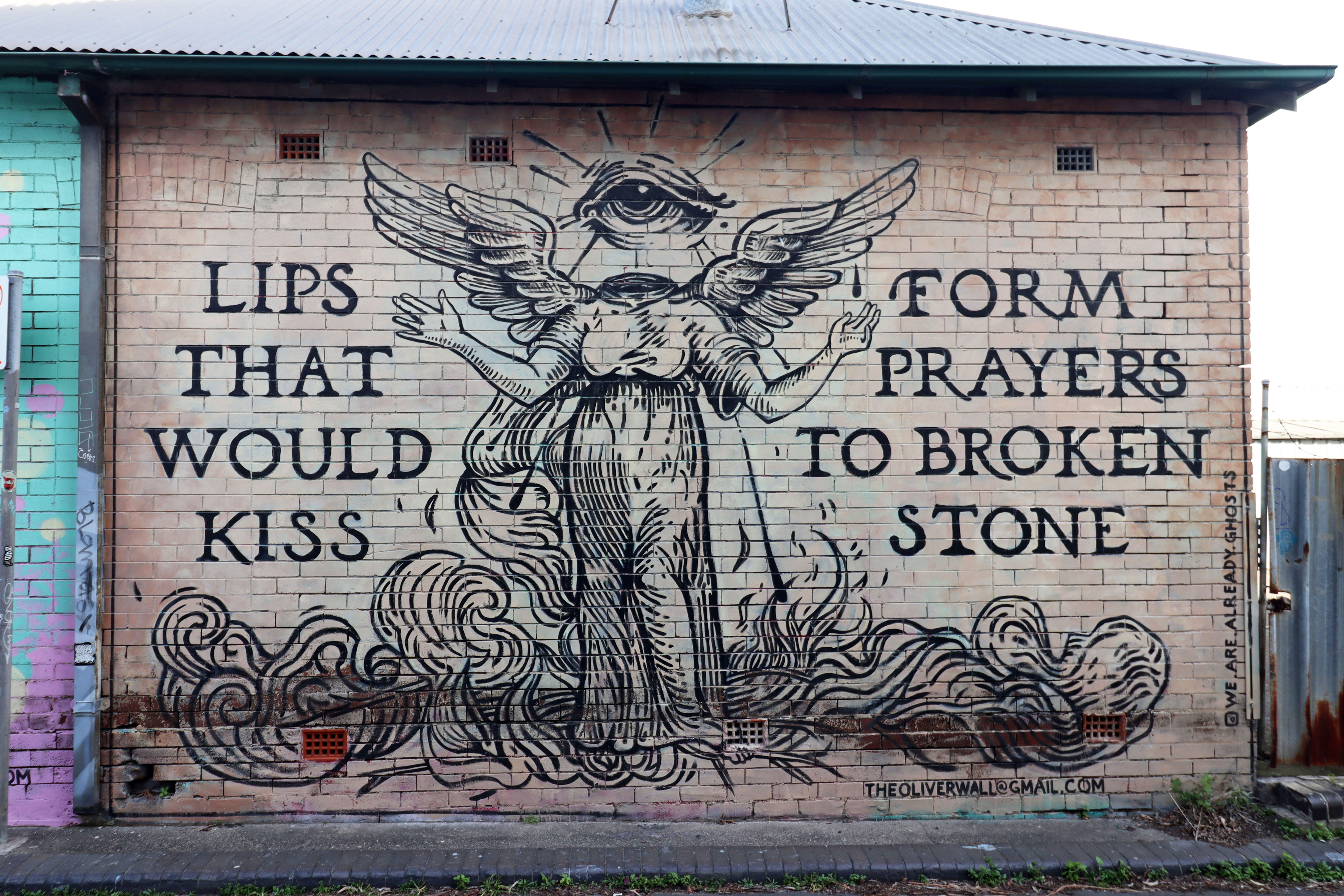 Lips That Would Kiss Form Prayers to Broken Stone by Oliver Wall | Street Art NSW